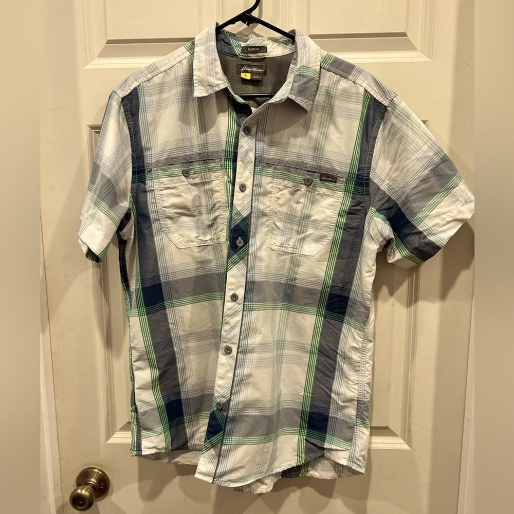 Eddie Bauer Mens Large Classic Fit Plaid Short Sleeve Button Down Shirt UPF 50+